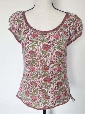 Anokhi Floral Cotton Top Shirt Blouse Pink & Green Lightweight Spring Summer XS